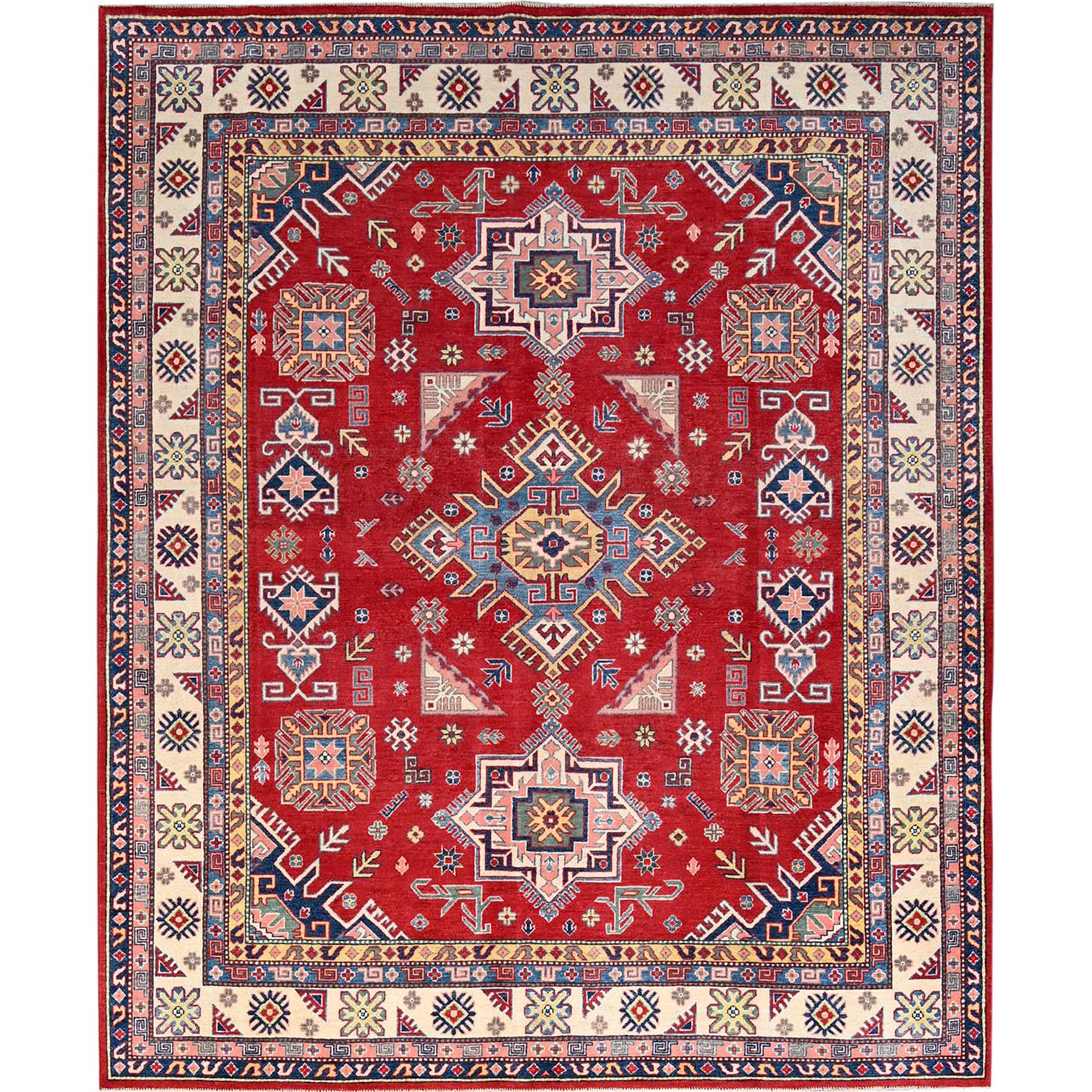Scarlet Red With Vanilla Blush Pink Border, Natural Dyes, Pure Wool, Hand Knotted Kazak Design With Tribal Medallions, Oriental Rug